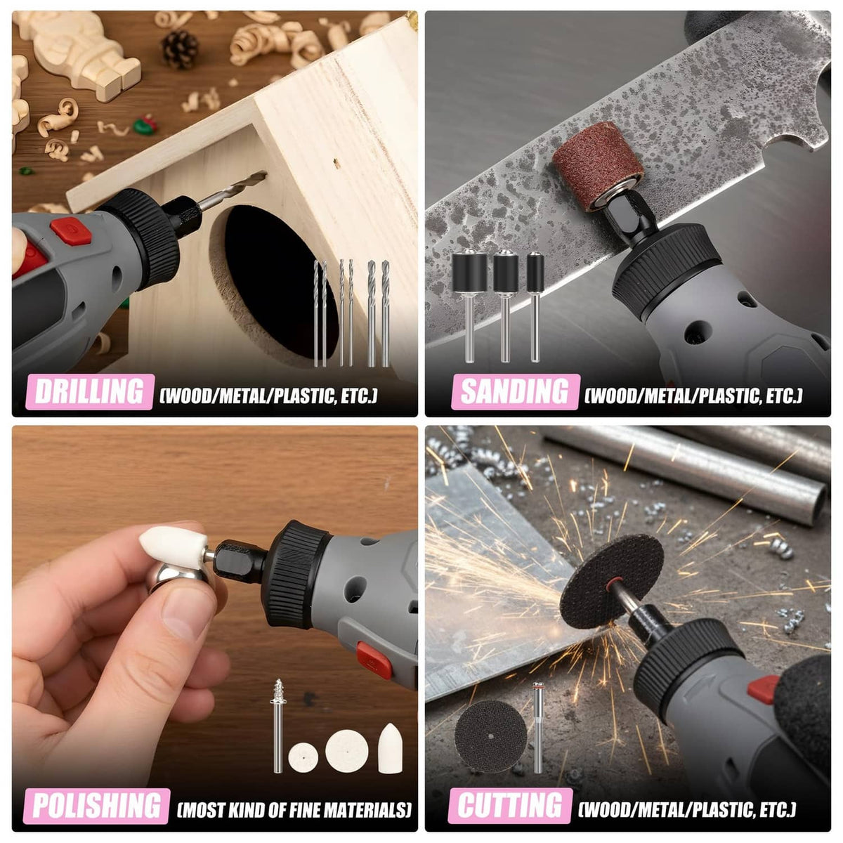 Rotary tool accessories shown in use for drilling, sanding, polishing, and cutting