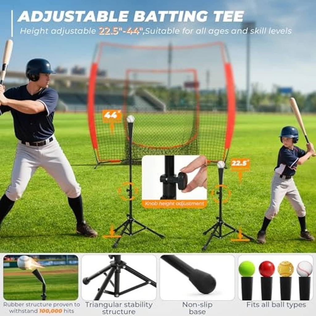Adjustable batting tee with black base and height markings, set up with baseball net strike zone