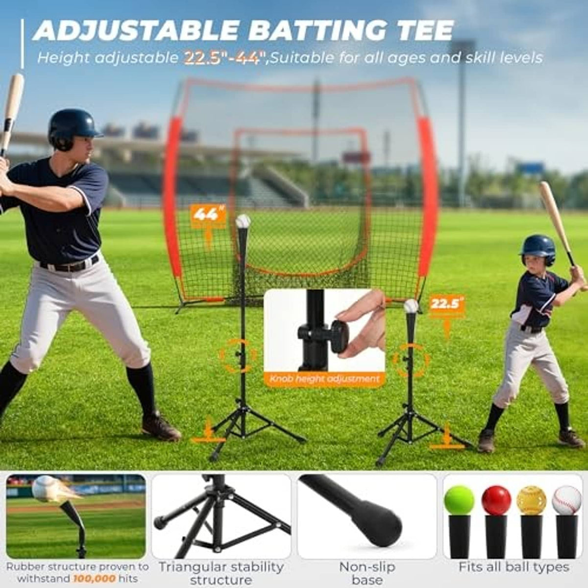 Adjustable batting tee with black base and height markings, set up with baseball net strike zone