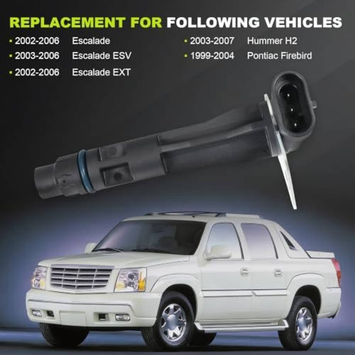 Camshaft position sensor with gray body and blue seal, shown near a truck