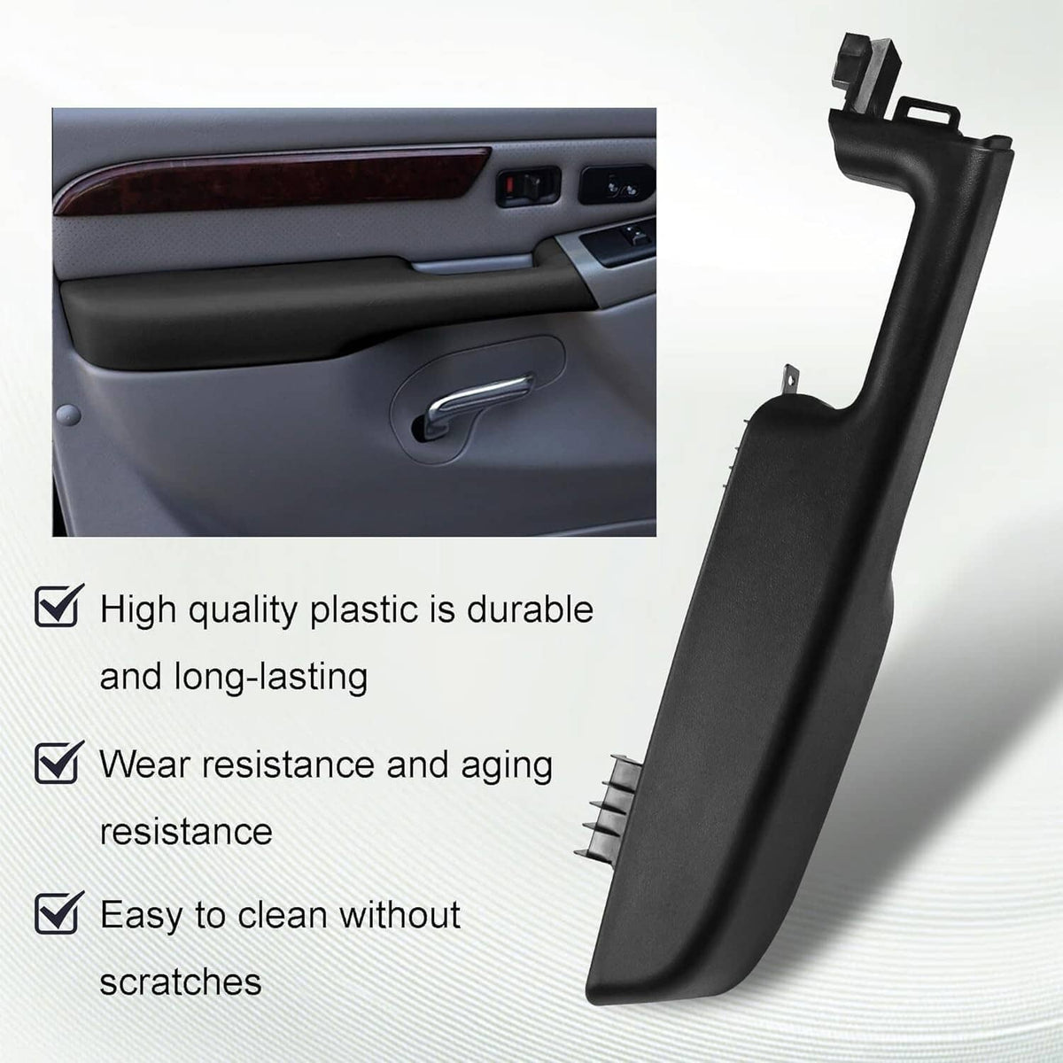 Black door armrest handle with wear-resistant plastic texture and side mounting prongs