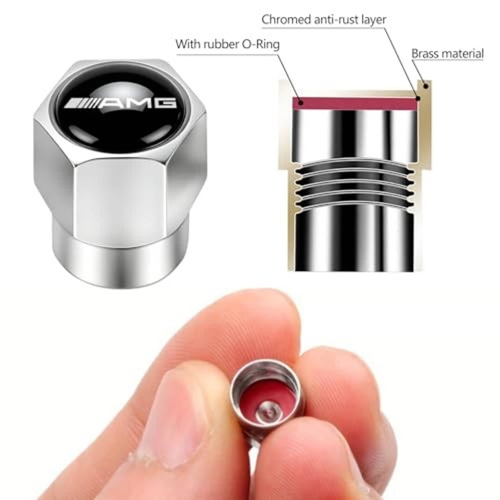Silver valve stem cap with black AMG emblem and rubber O-ring detail