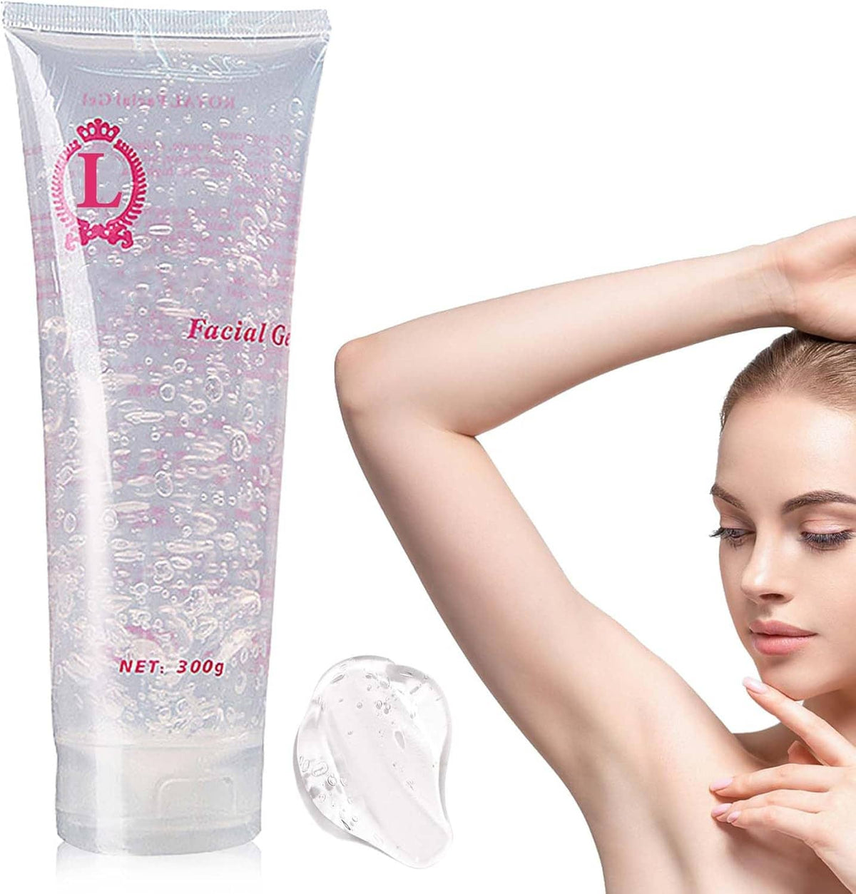 Clear facial cooling gel tube for hair removal, with visible gel swatch
