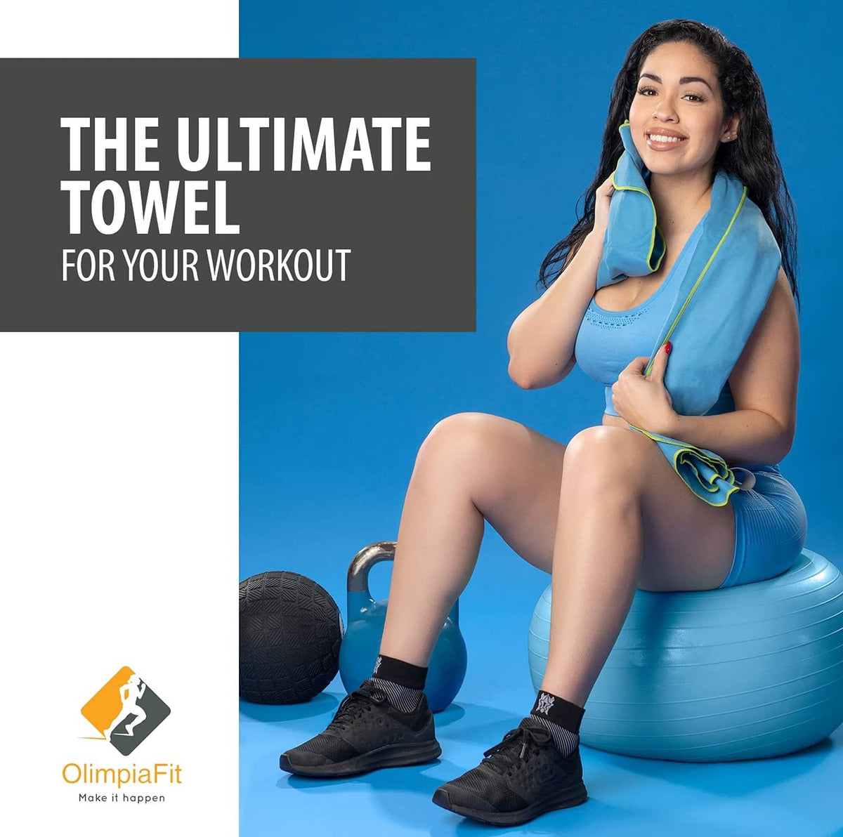Microfiber workout towel held to face, rolled and secured by elastic