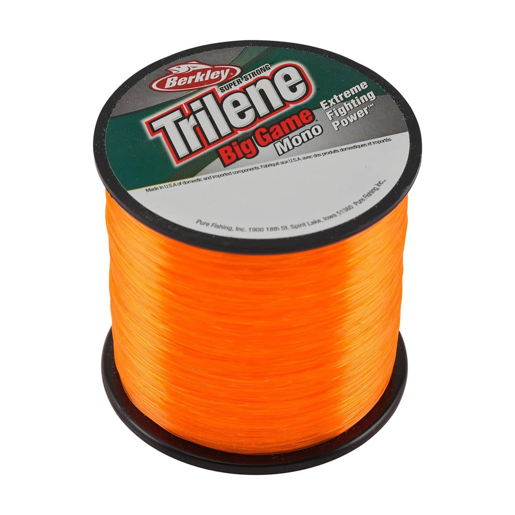Berkley Trilene Big Game orange mono fishing line on full spool, front label visible