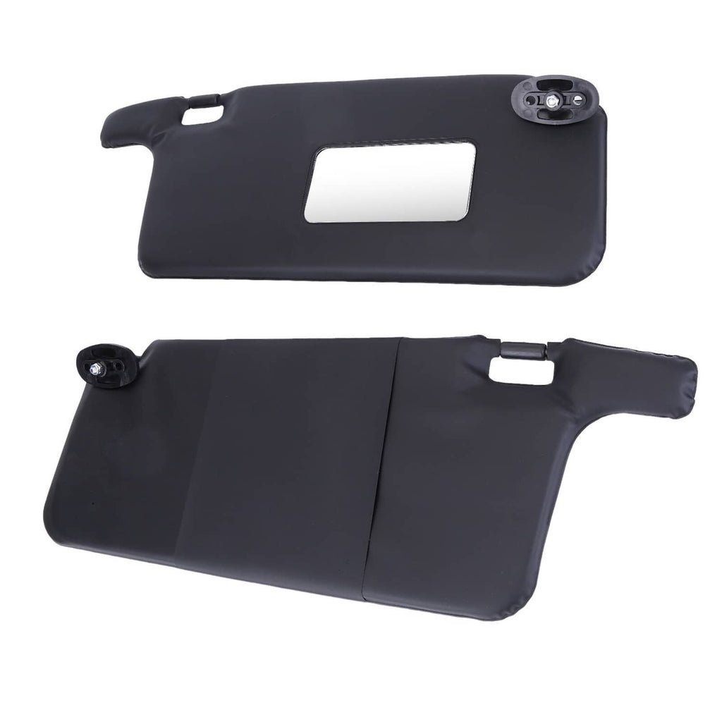 Black car sun visor pair, front side view with clip hardware