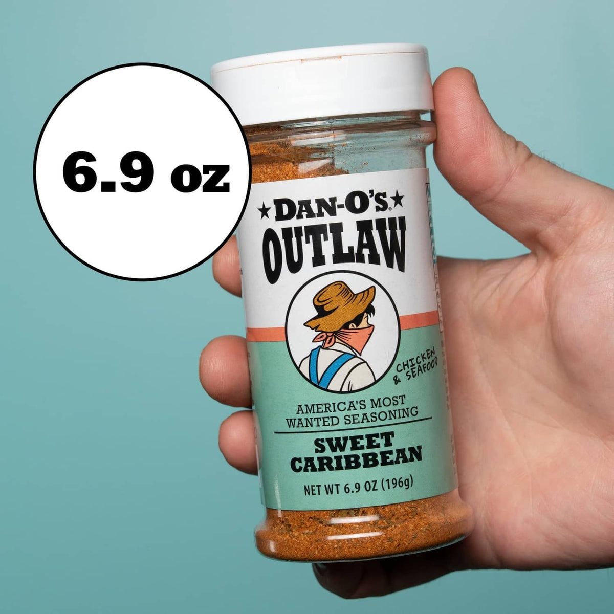 Dan-O's Outlaw Sweet Caribbean seasoning bottle, 6.9 oz shown on the label