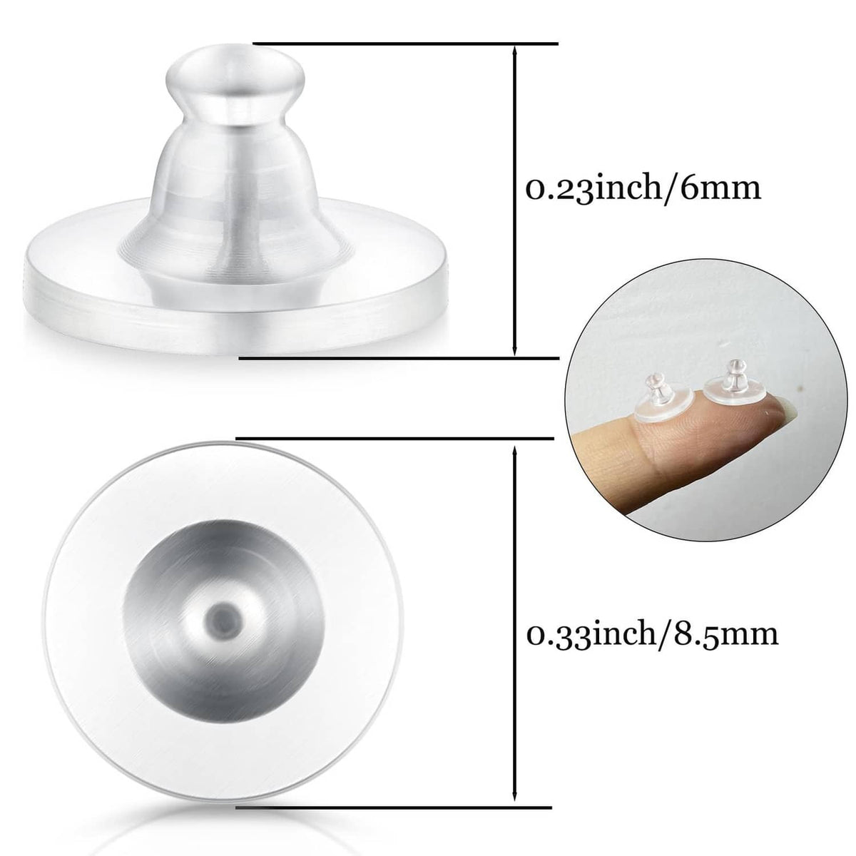 Clear silicone earring backs in two sizes, round snap discs with central posts