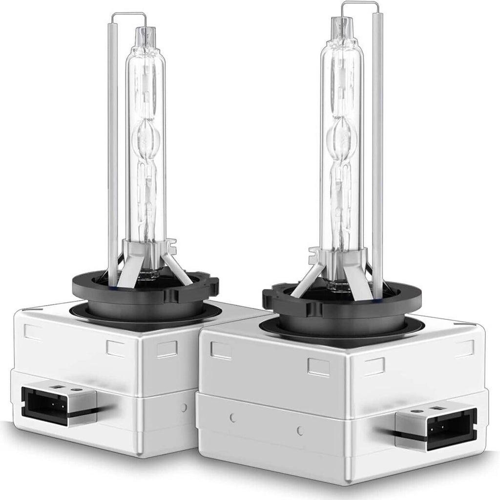 Pair of HID xenon headlight bulb units with clear lamps and white metal housings