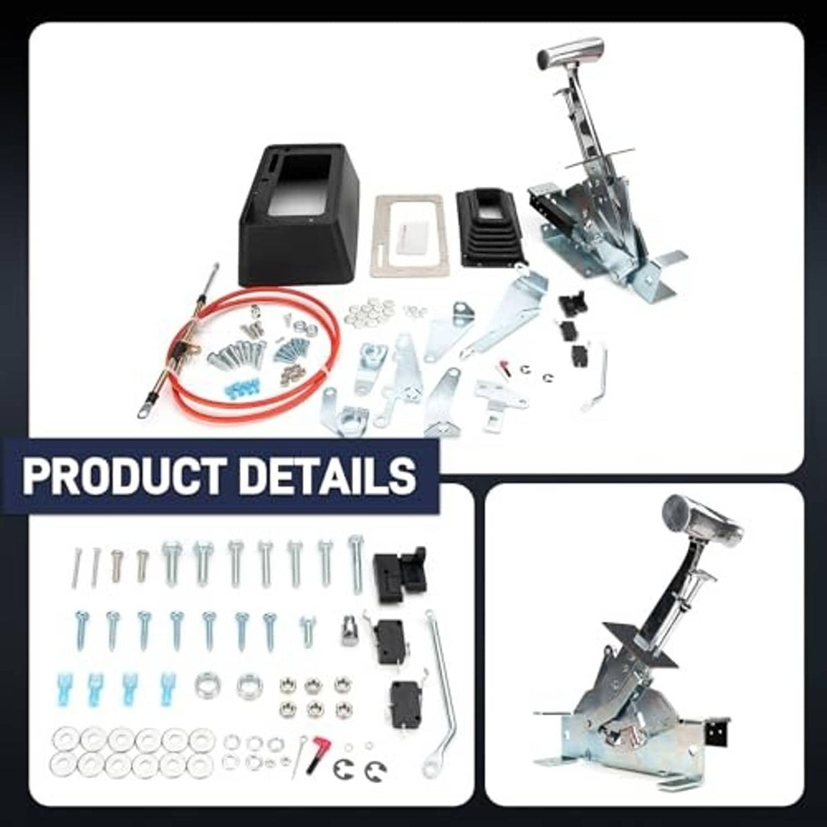 Automatic shifter kit with chrome handle, black base, and hardware accessories