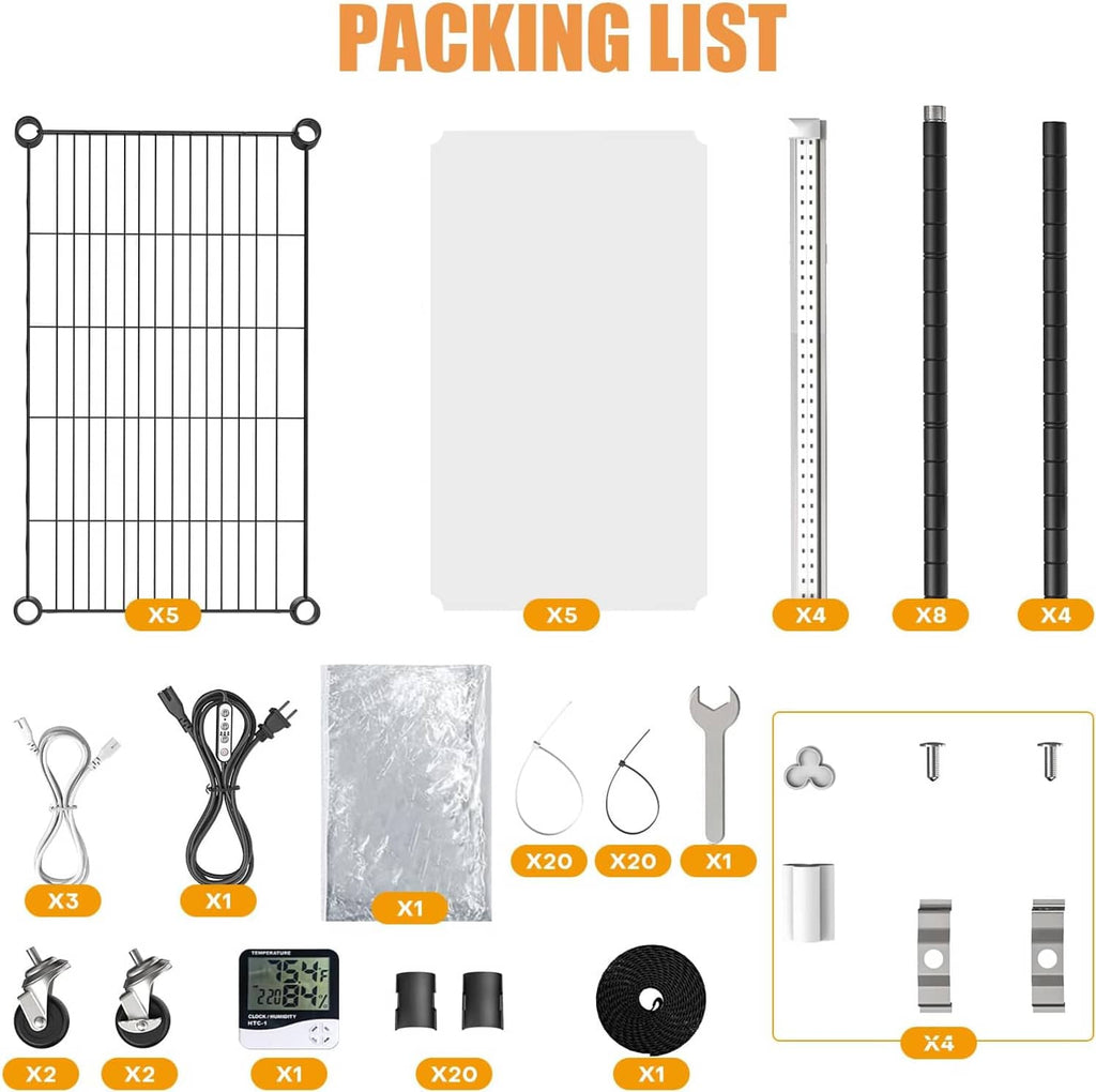 Packing list diagram showing greenhouse accessories, cords, clips, and part quantities