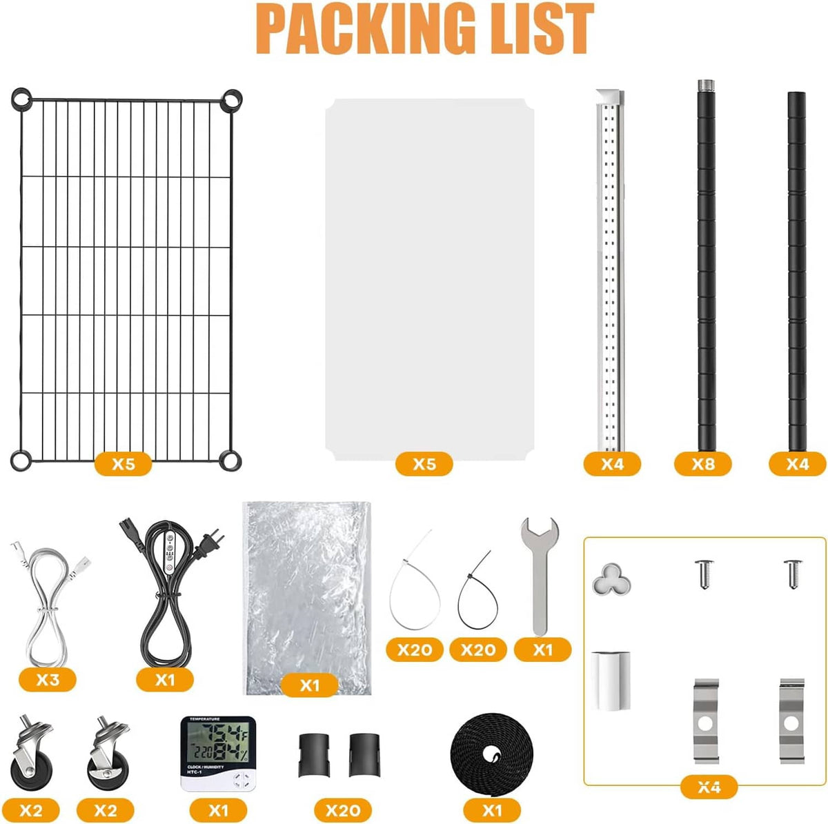 Packing list diagram showing greenhouse accessories, cords, clips, and part quantities