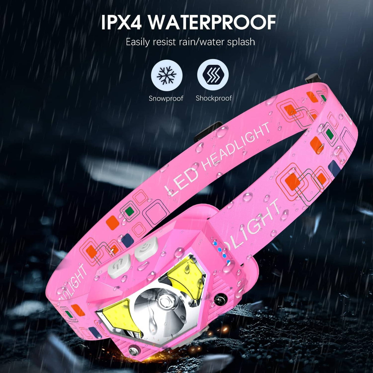 Pink waterproof LED headlamp with splash-resistant housing and adjustable headlight beam