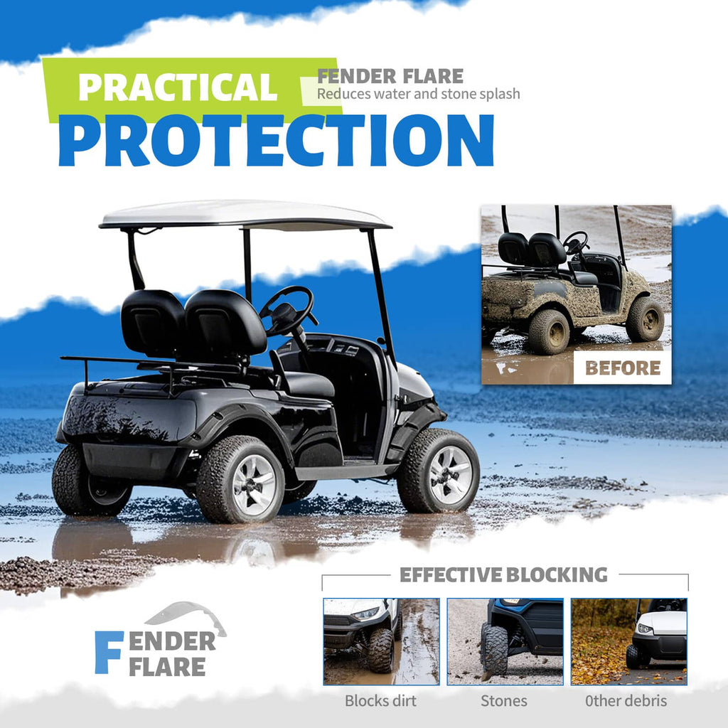 Black fender flare set with textured splash-blocking coverage for a golf cart.