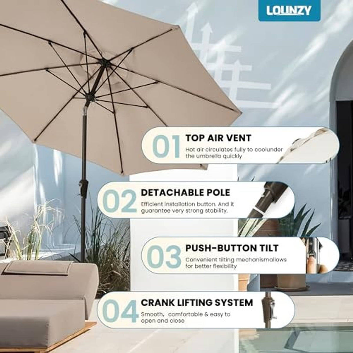 Taupe patio umbrella with open canopy and crank hub detail on central pole