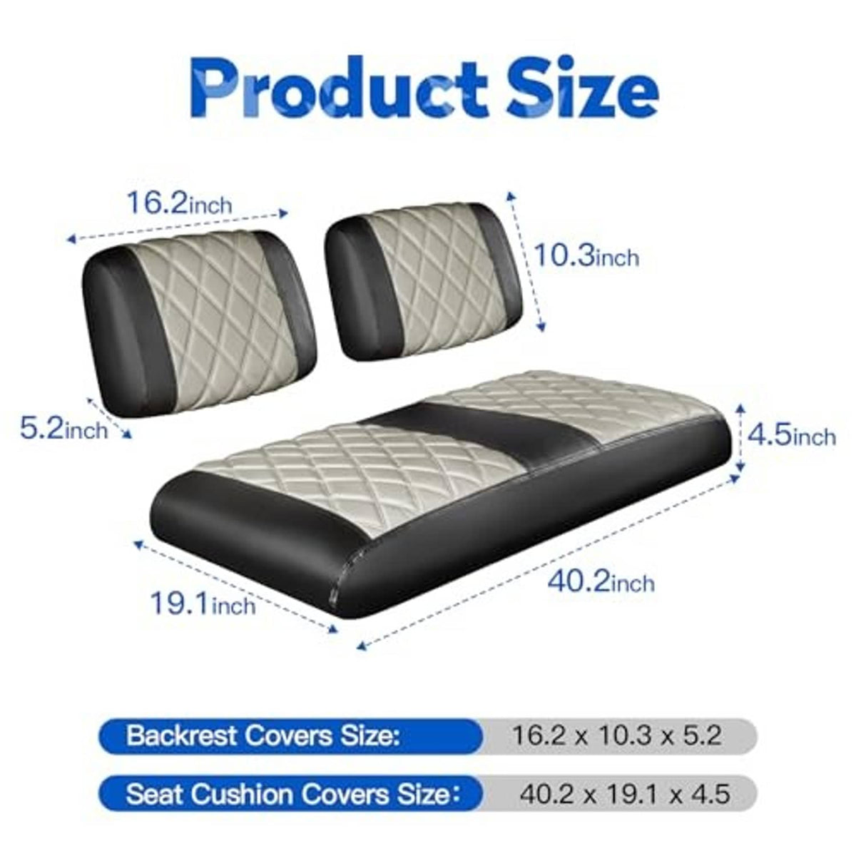 Gray and black golf cart seat cover set layout with quilted seat cushion and backrest