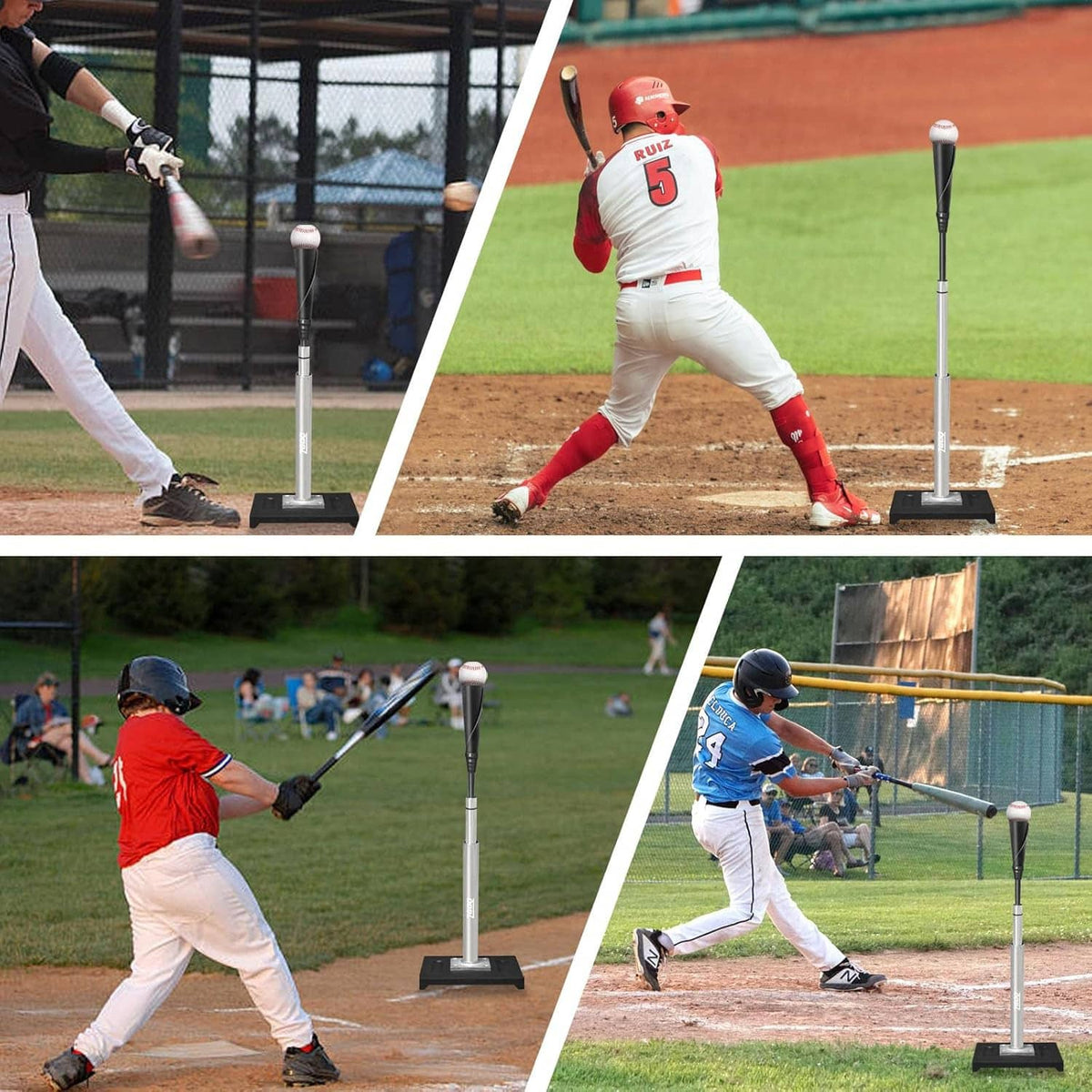 Baseball batting tee with black rubber top positioned near home plate during practice