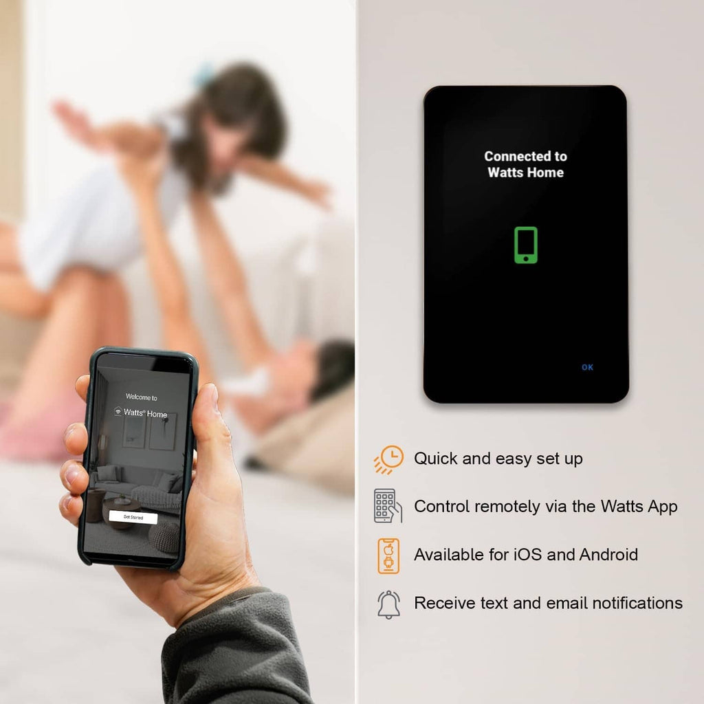 Black wall-mounted touchscreen thermostat with connected status icon