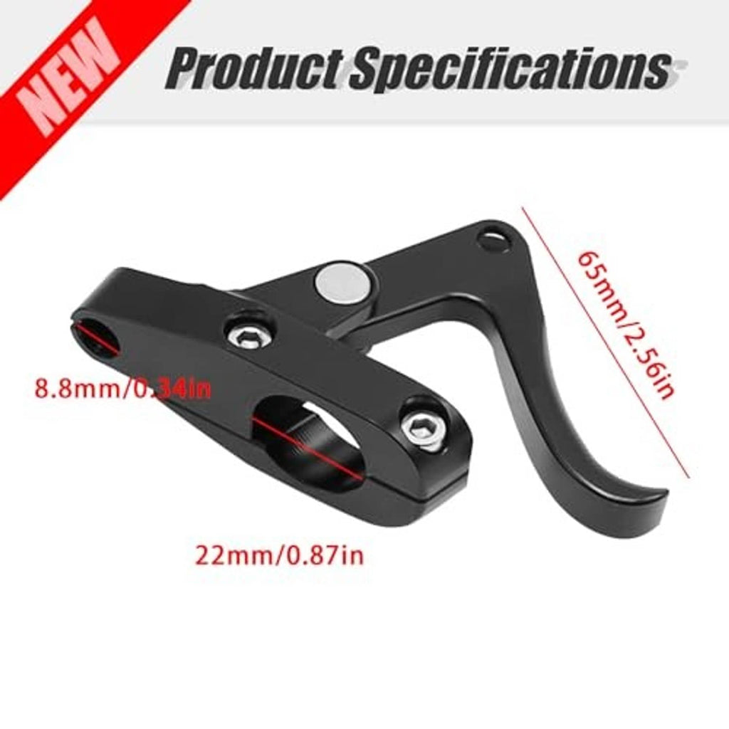Black CNC finger throttle clutch lever with visible size measurement callouts and mounting bolts