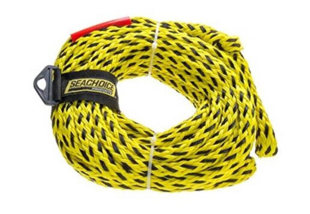 Yellow and black braided tow rope coil with black hook and looped end