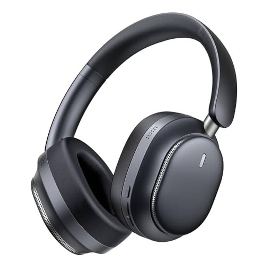 Black over-ear Bluetooth headphones with cushioned ear pads and textured outer ring