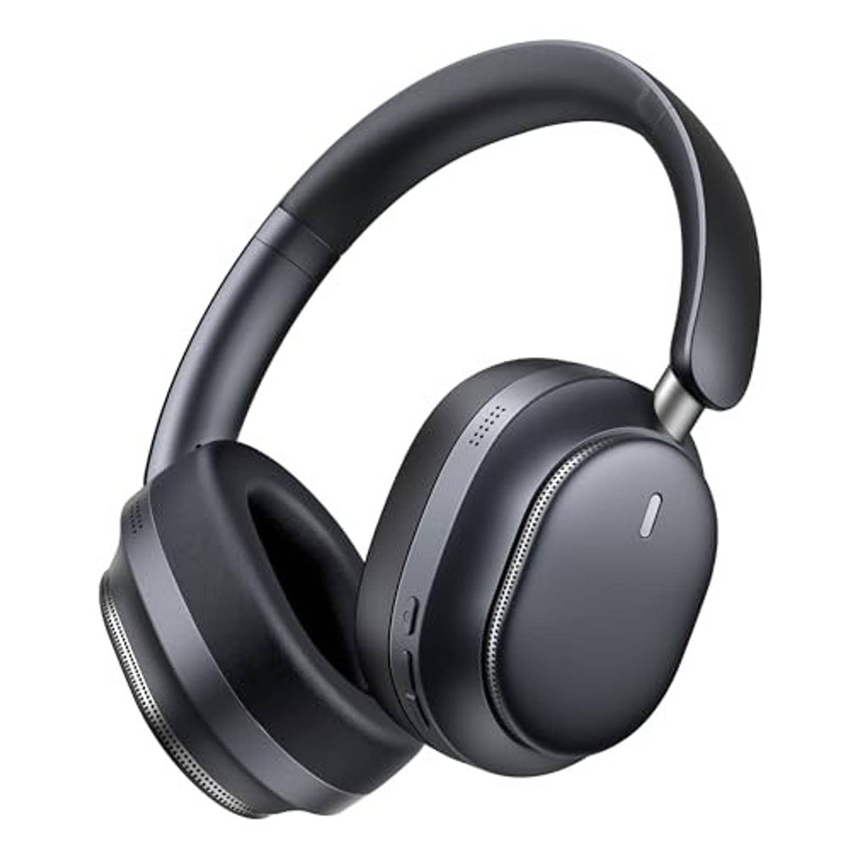 Black over-ear Bluetooth headphones with cushioned ear pads and textured outer ring