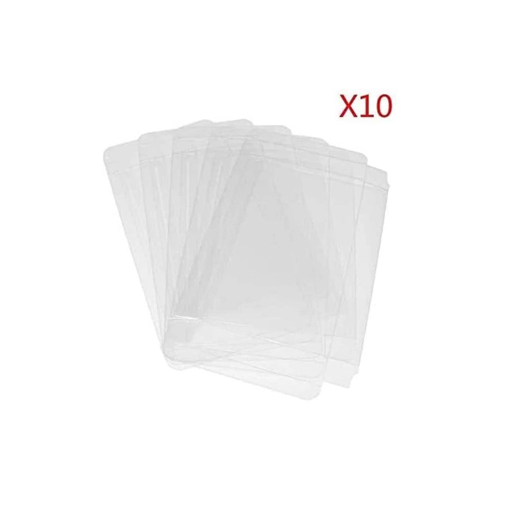 Set of 10 clear plastic protector cases stacked for figure box displays