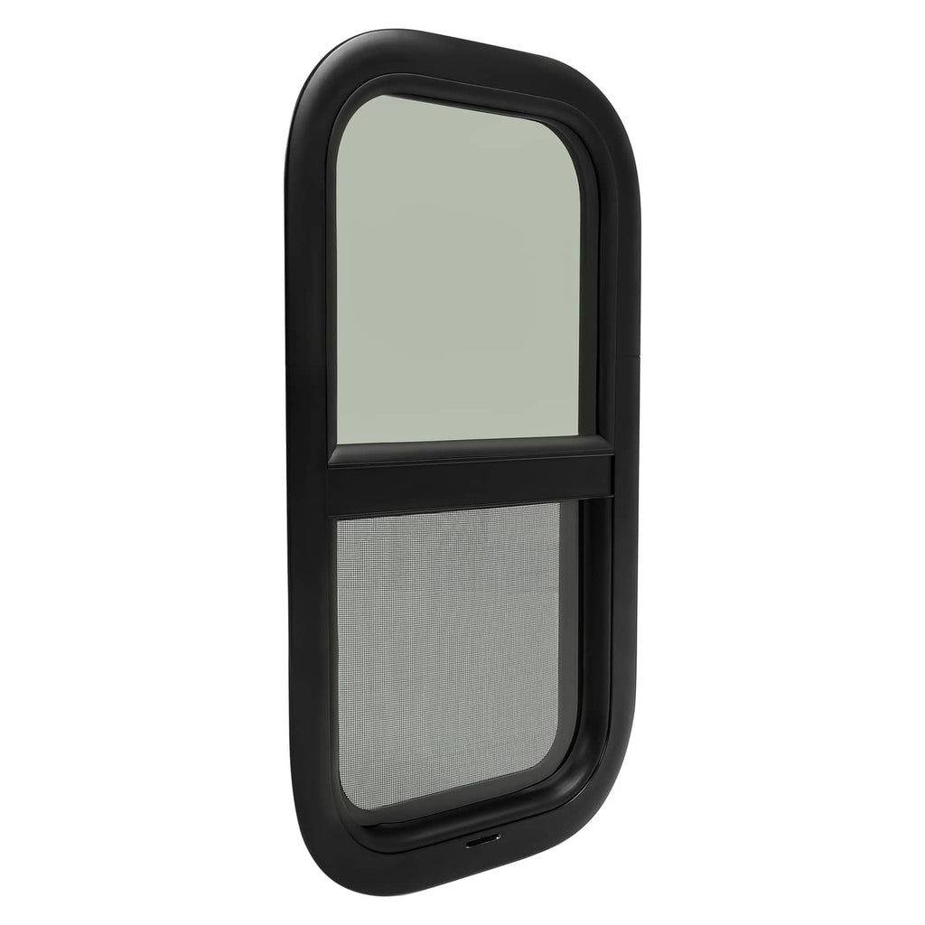 Tinted RV glass window with black arched frame and two stacked tinted sections