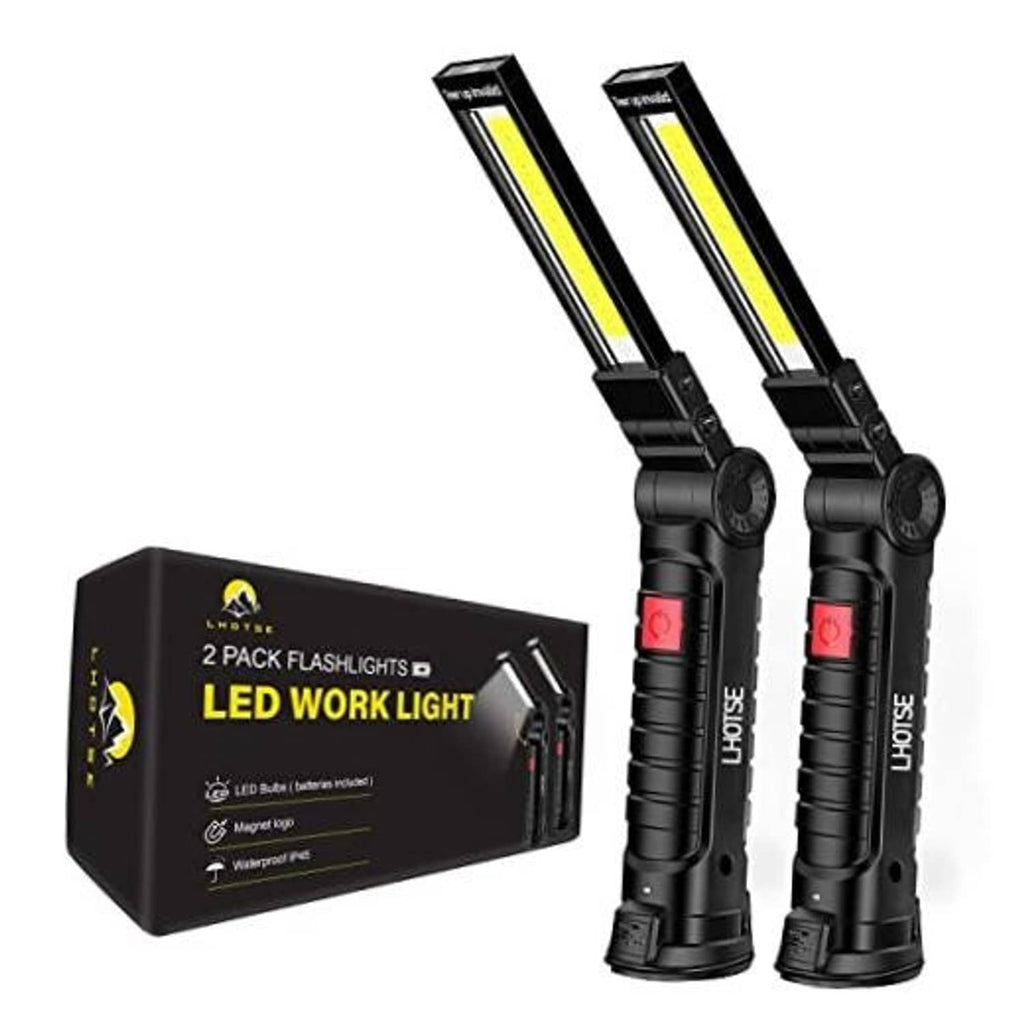 Pair of black rechargeable LED work lights with yellow light bars and red buttons