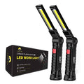 Pair of black rechargeable LED work lights with yellow light bars and red buttons