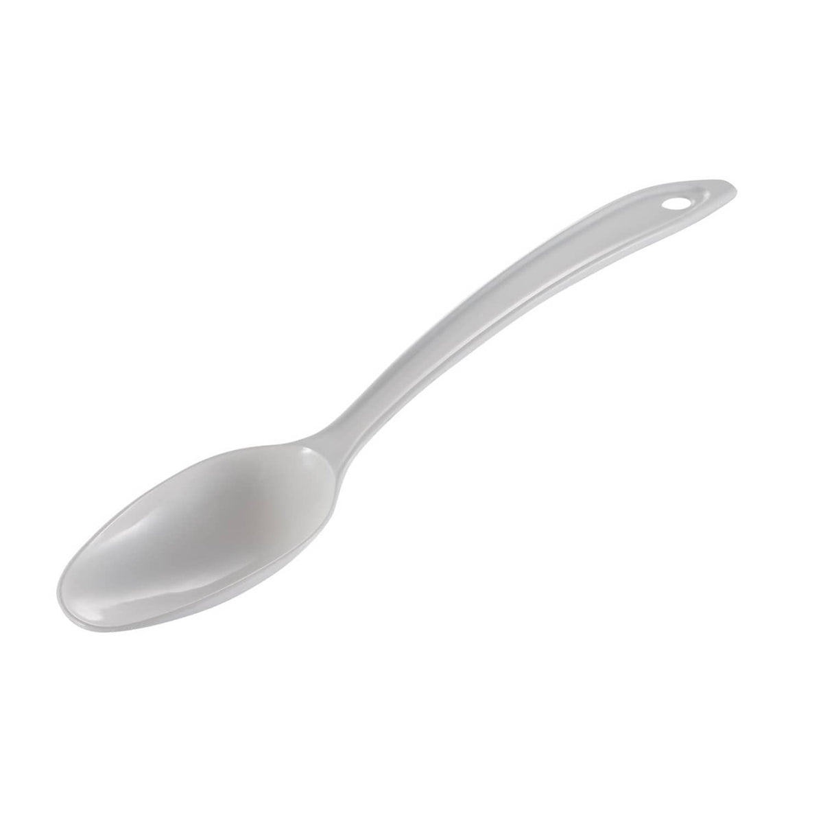 White plastic serving spoon with oval perforated hole on handle