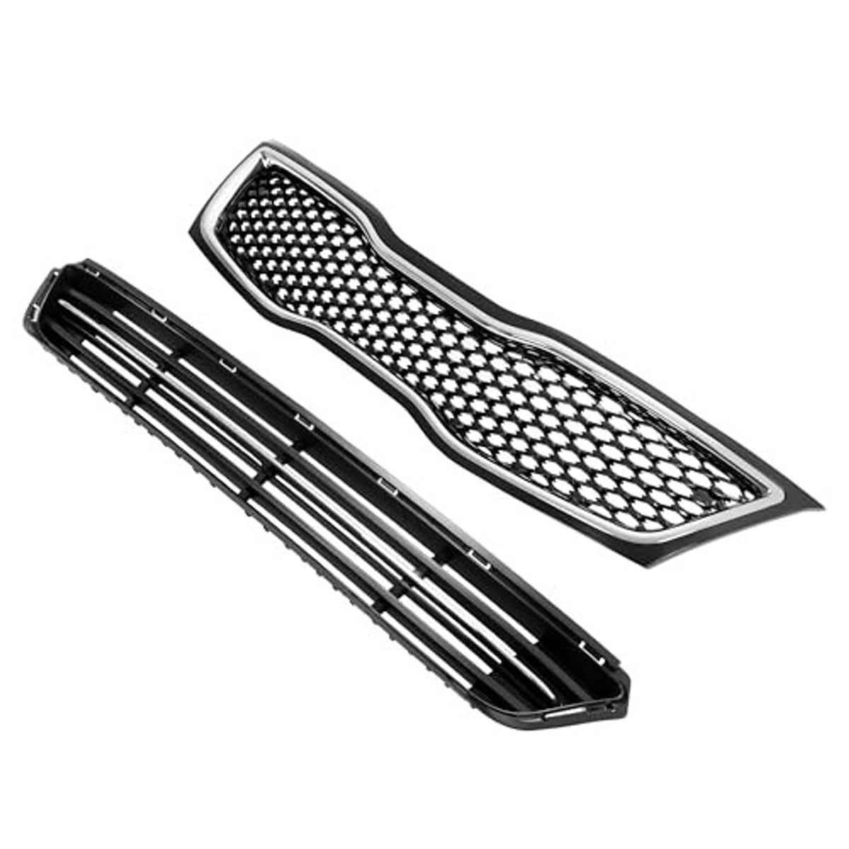 Two-piece grille set: upper honeycomb mesh and lower black slat grille, chrome trim