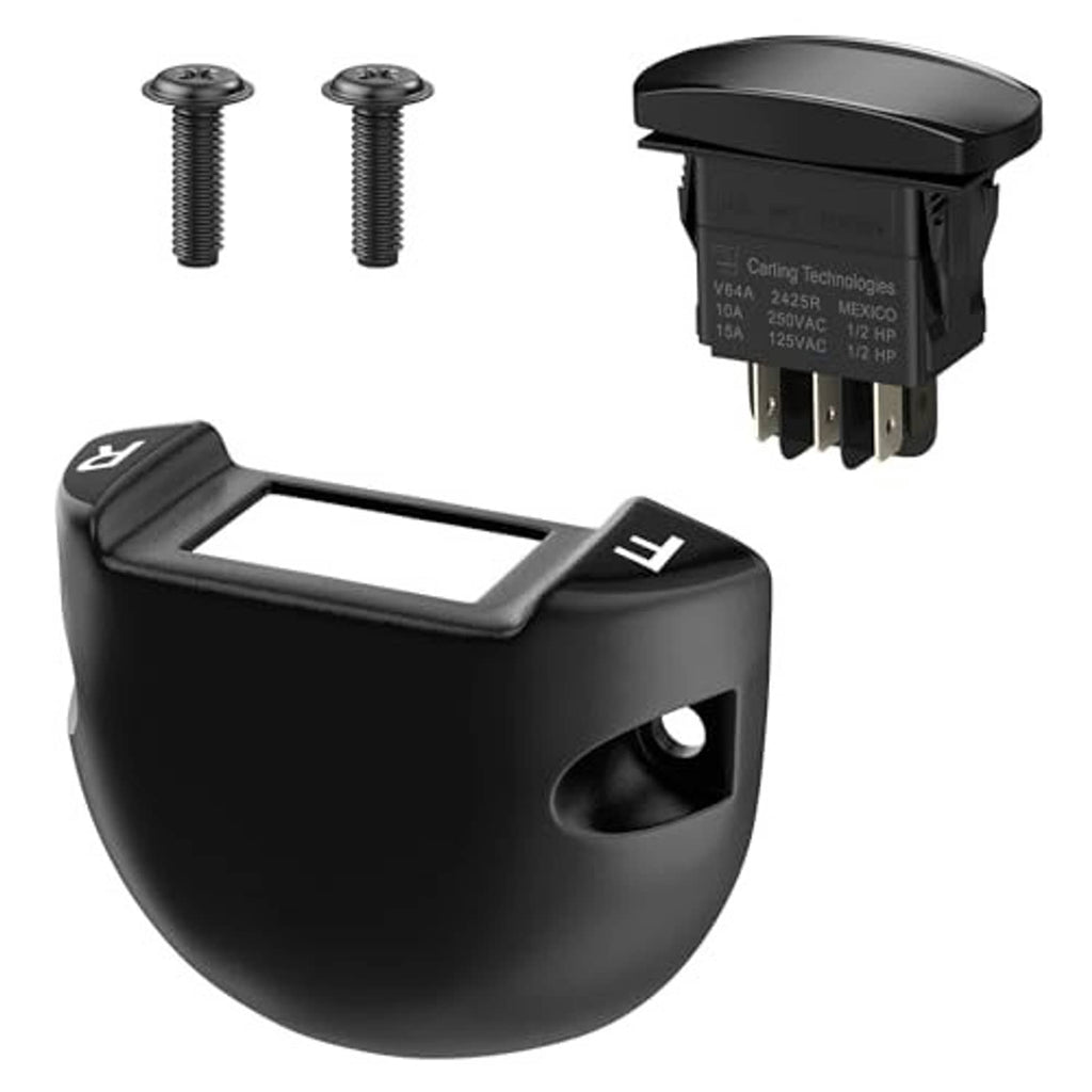 Black forward-reverse rocker switch with mounting screws and exposed wiring terminals