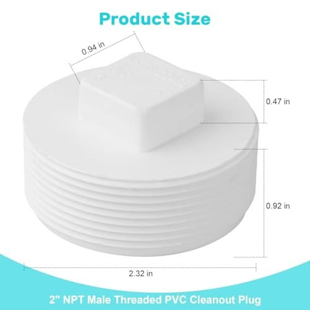 White threaded PVC cleanout plug with square removable cap, close-up