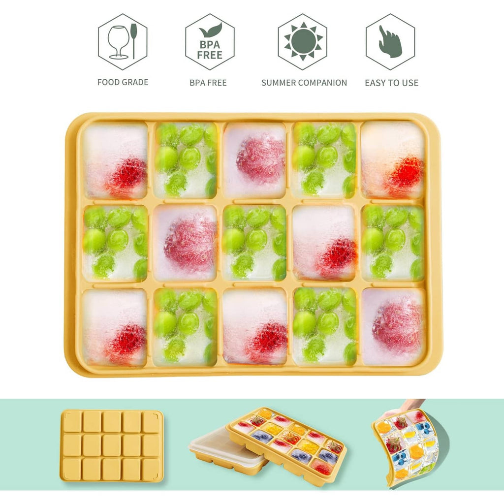 Yellow ice cube tray filled with colorful ice cubes, with clear lid