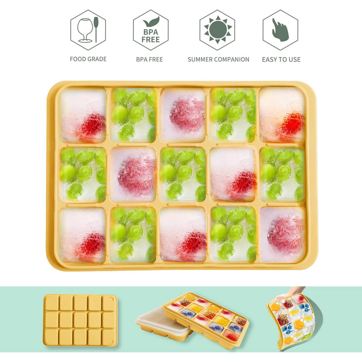 Yellow ice cube tray filled with colorful ice cubes, with clear lid