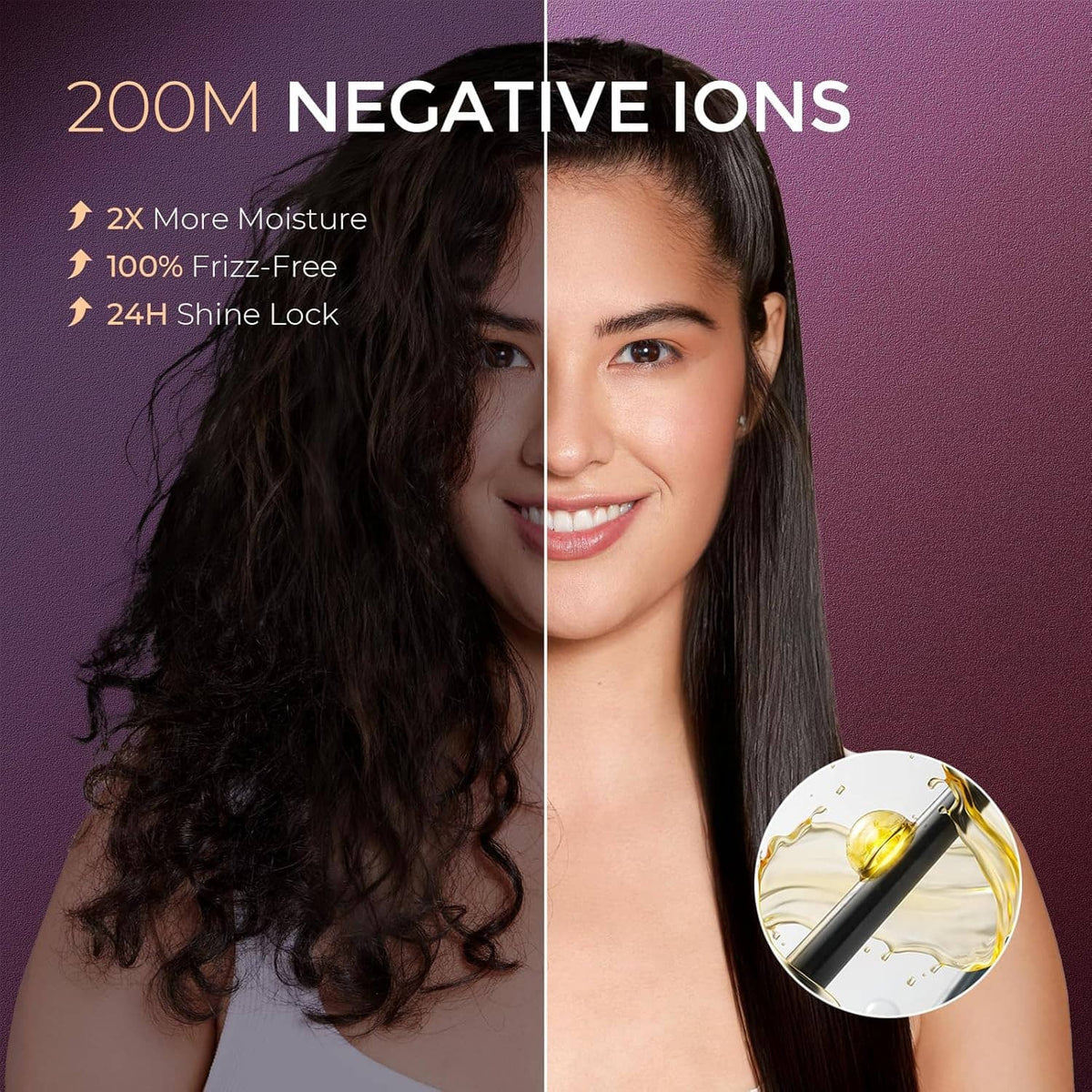 Smooth, shiny hair styling display with hair split before and after results