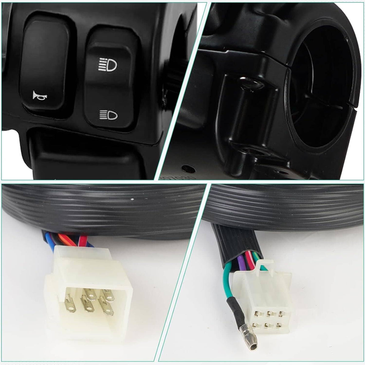 Black handlebar switch cluster close-up with wiring connectors on harness