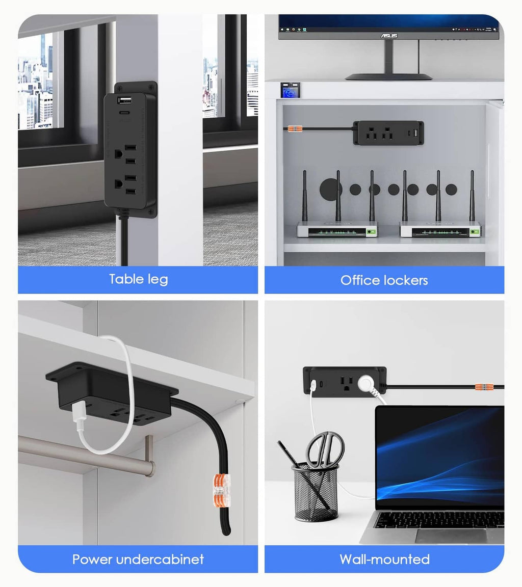 Black power outlet strip mounted under a desk, on a wall, and on cabinet tops