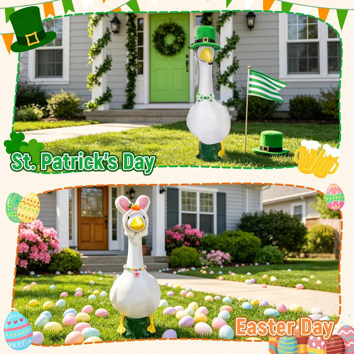 Decorative porch goose wearing a green top hat with shamrock trim and a second Easter-style goose
