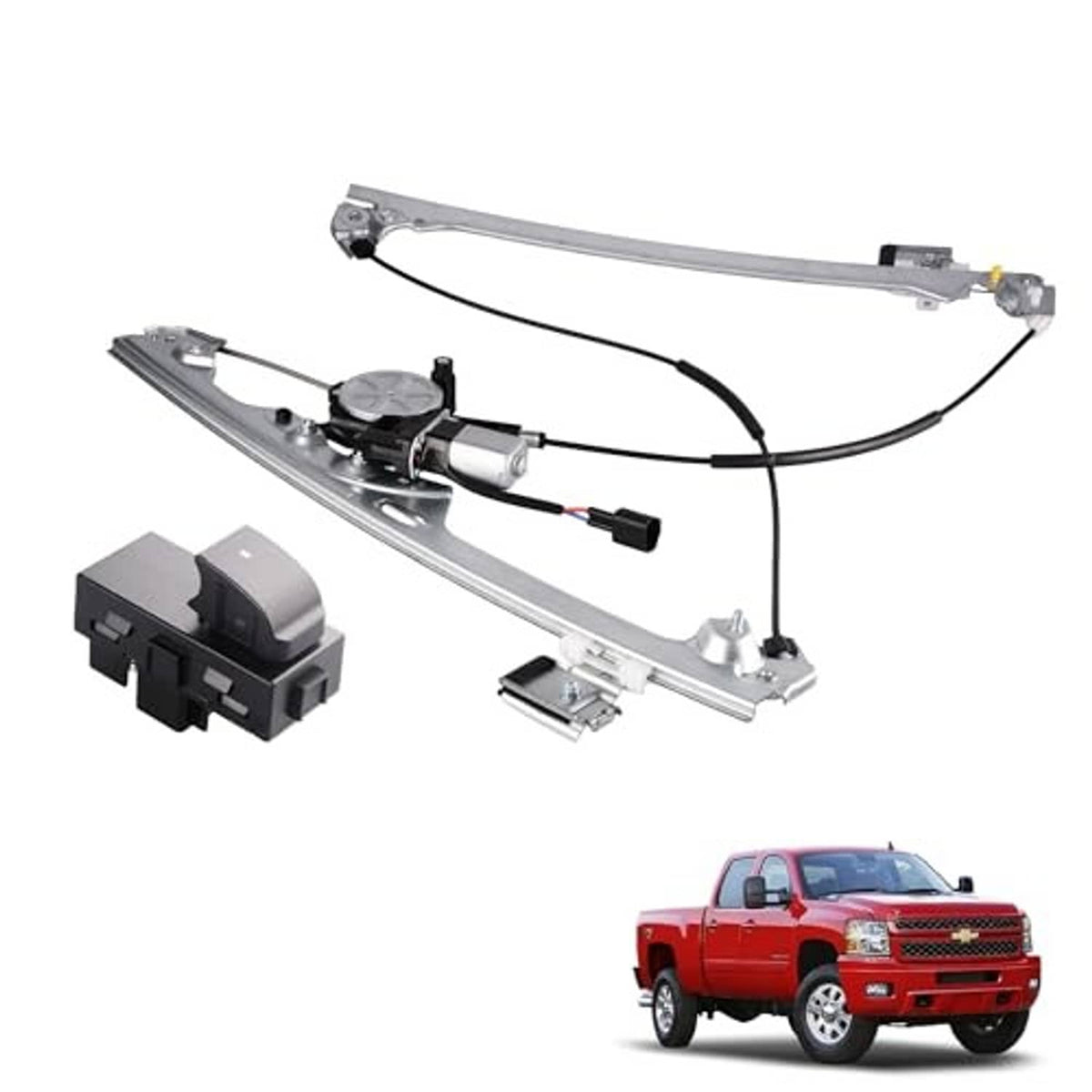Front passenger power window regulator kit with motor, cables, and window switch