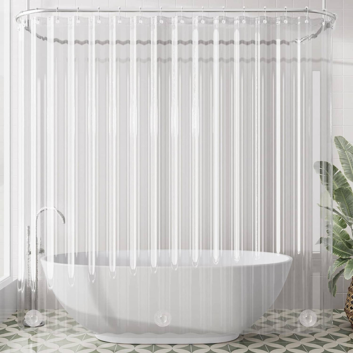 Clear extra-wide shower curtain liner with rod header and stitched top grommets