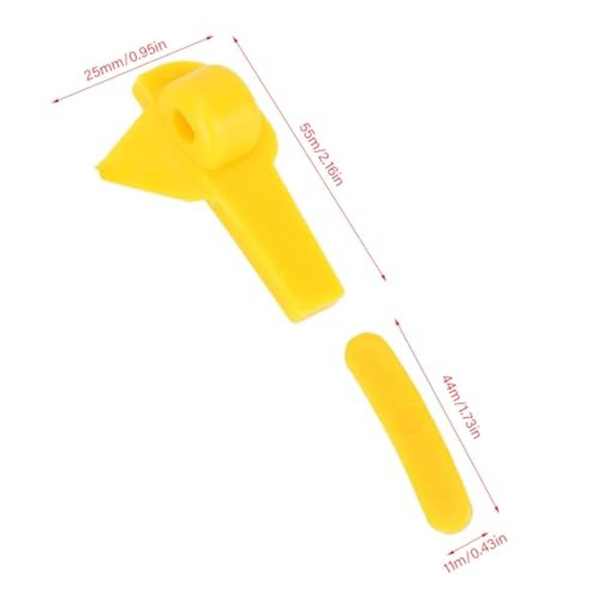 Yellow tire changer demount head protector tips with size shown on two pieces