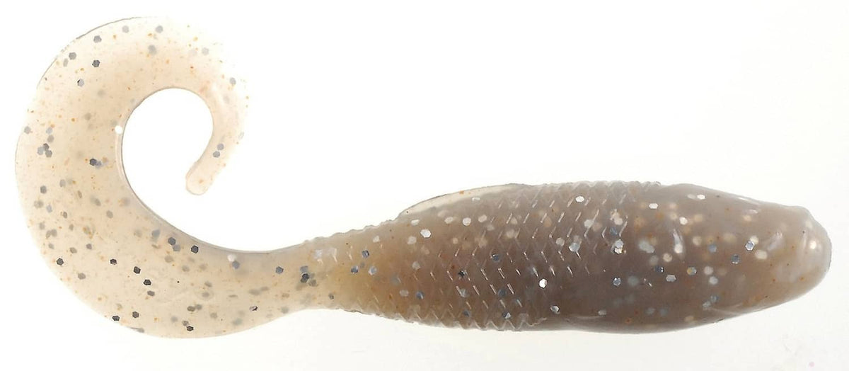 Berkley Gulp soft fishing bait, brown speckled grub with curled tail