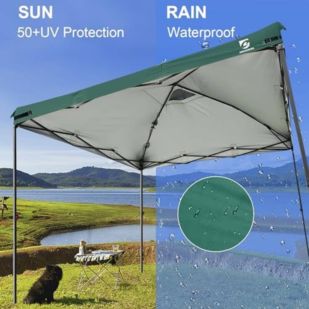 Green vented canopy top cover with waterproof protection shown by water droplets