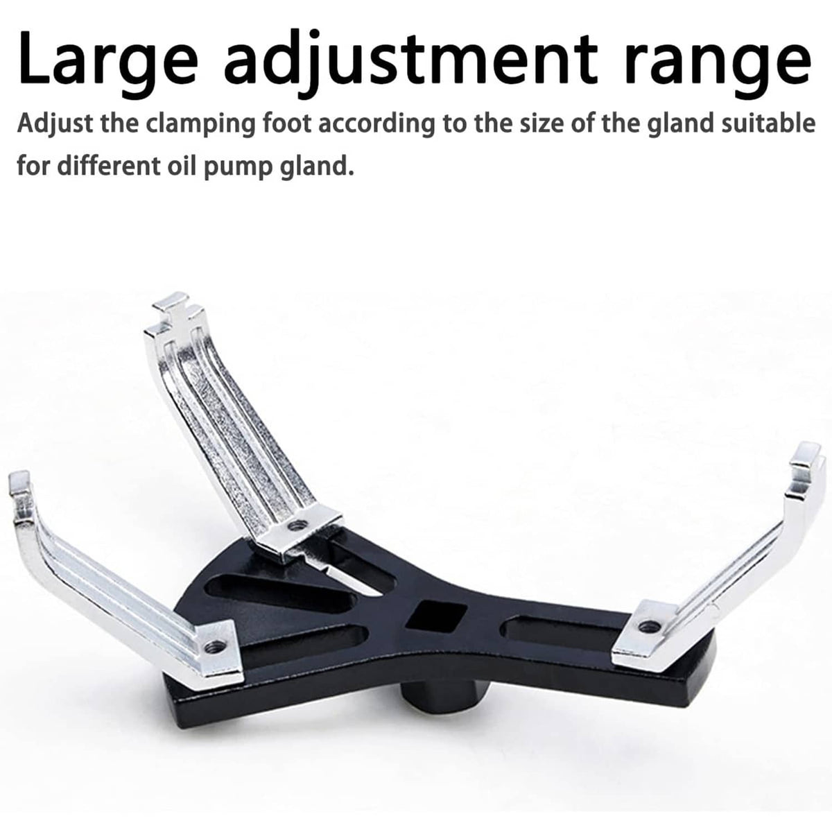 Adjustable fuel tank lid removal tool with wide clamp arms and black center plate