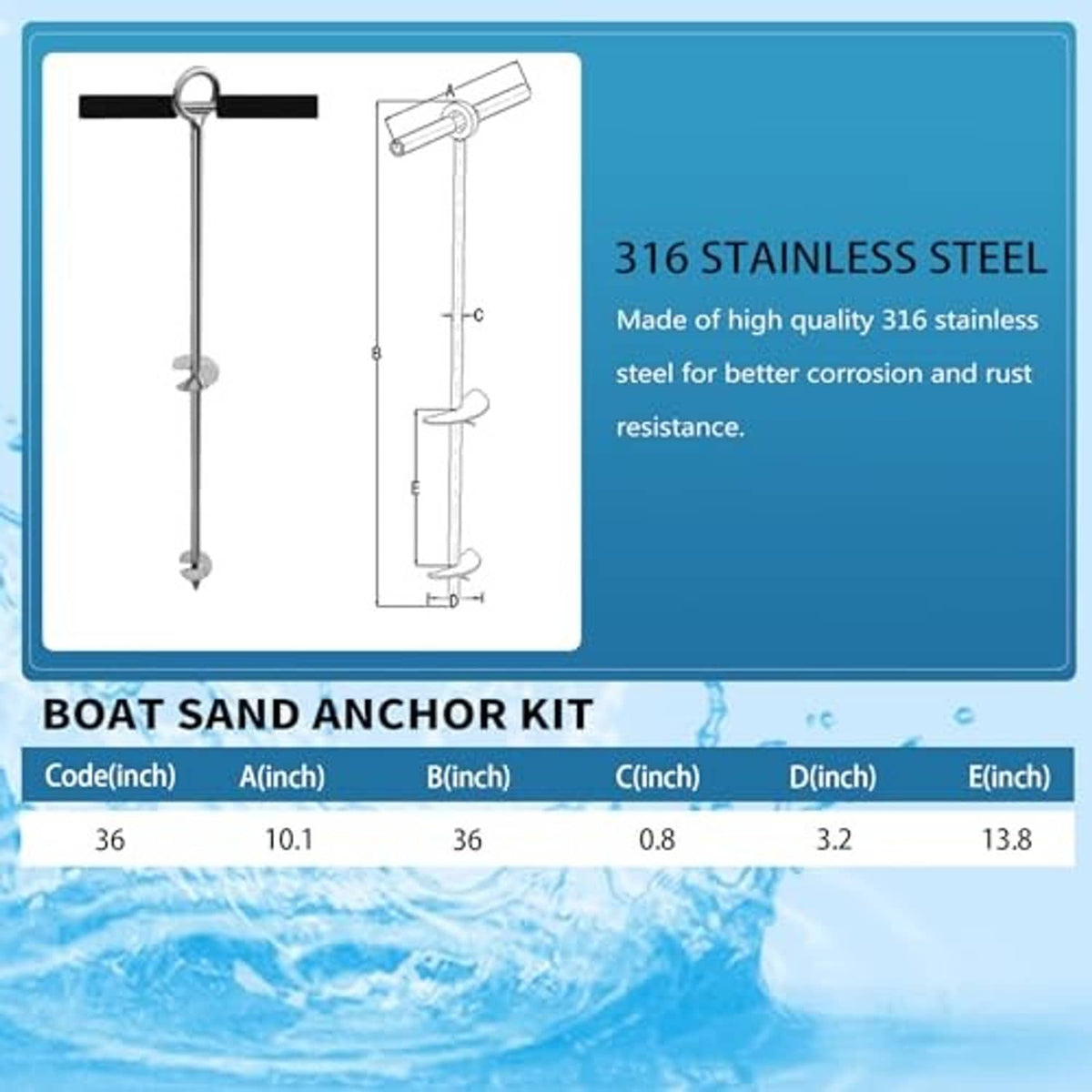 Boat sand anchor kit info card with anchor diagram, dimensions, and 316 stainless details