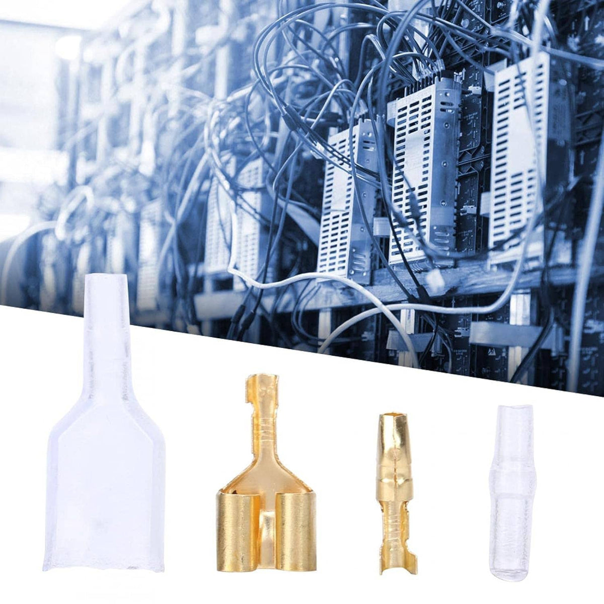 Electrical bullet crimp terminals with gold pins and clear insulation caps