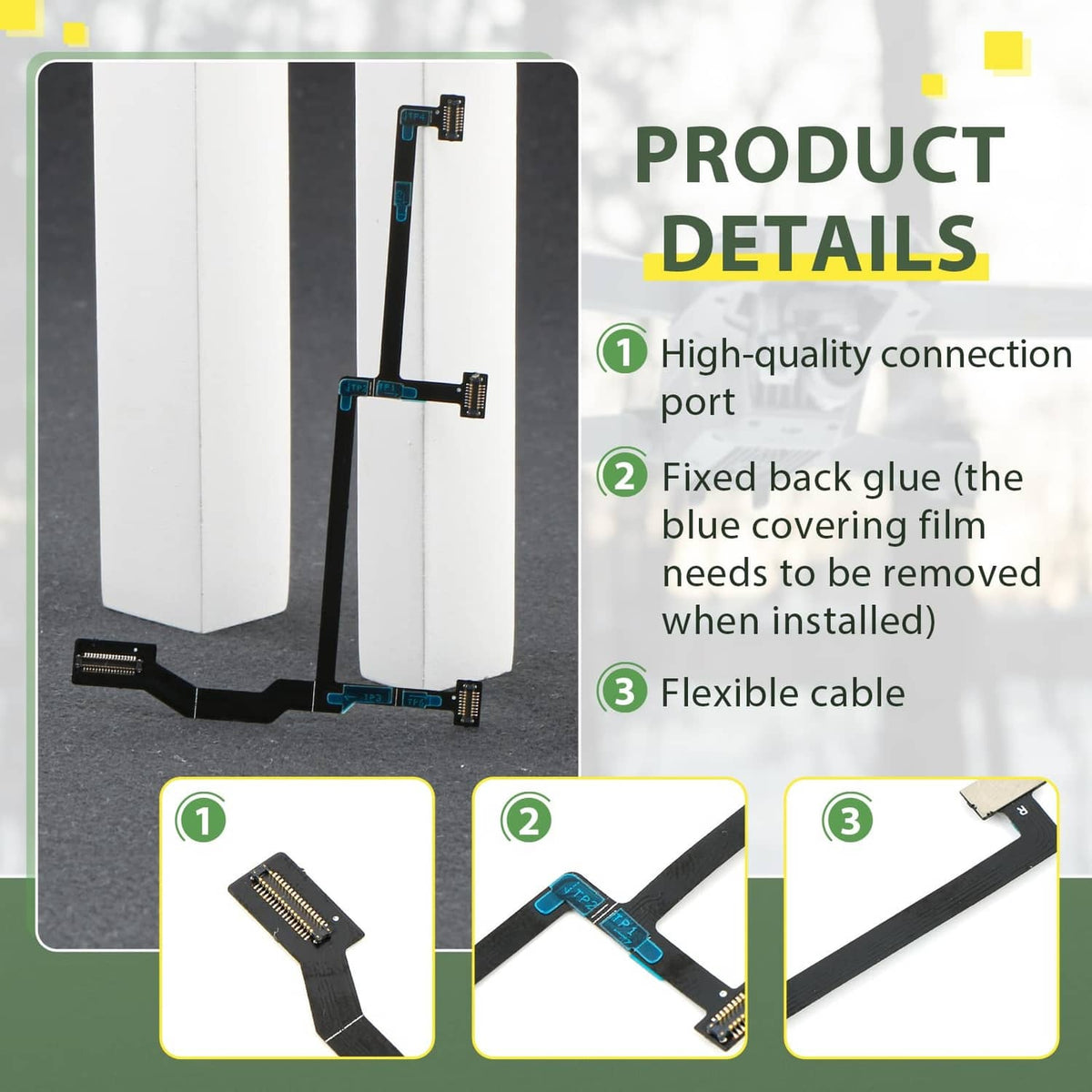 Flat gimbal cable with blue PCB ports and flexible ribbon section