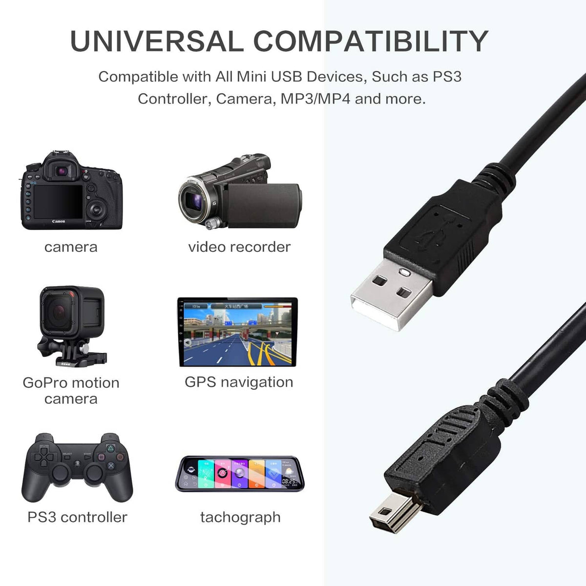 Black USB Type-A to Mini-B cable with USB and mini connector ends